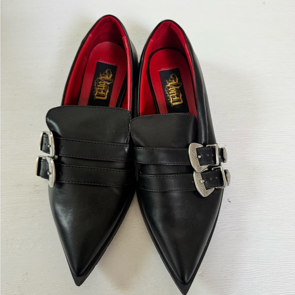 Von D Shoes Black Buckle Flats with Red Lining
